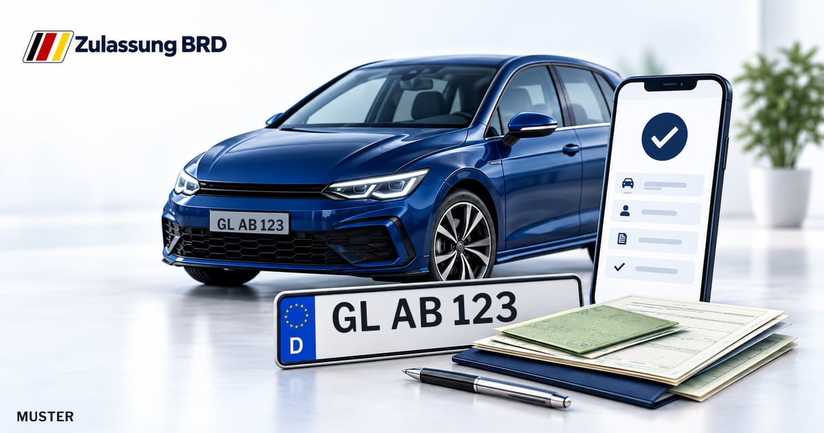 Online Fahrzeugzulassung in Leichlingen (Rheinland): Musterkennzeichen GL AB 123, Auto und Fahrzeugpapiere und Smartphone. Illustration mit Logo von Zulassung BRD.